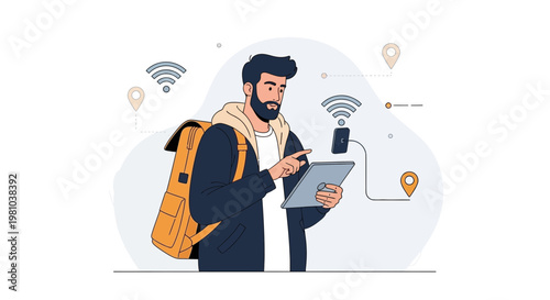 Man with backpack using tablet and GPS for travel, connected to WiFi
