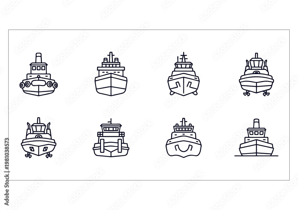 Fototapeta premium Tugboat and Harbor Support Vessel Line Icon Set