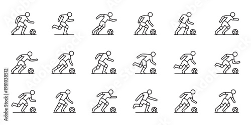 Soccer Football Player Action Poses Icon Set Line Art