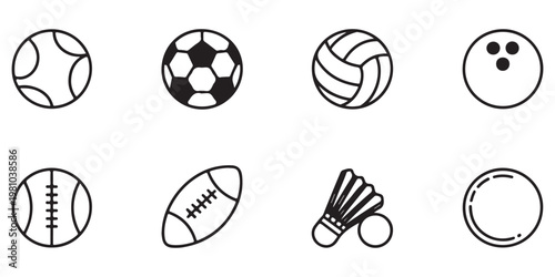 Various Sports Balls and Equipment Icon Set Line Art