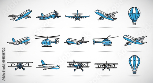 Collection of various aircraft and hot air balloons.