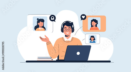 Man with headphones on video call with multiple people on laptop, online communication