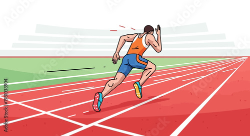 Athlete in motion sprinting forward on a track stadium vector illustration
