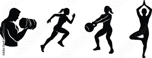 Fitness and Wellness Collection Featuring Bodybuilder Weightlifting, Woman Running, Kettlebell Workout, and Yoga Tree Pose Silhouette Isolated on White Background