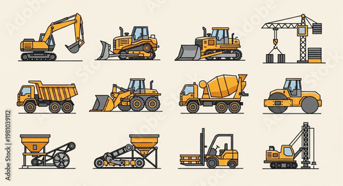 Collection of construction vehicles and equipment illustrations.
