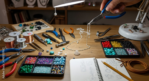 Overhead view of a person's hands crafting handmade jewelry with various tools and colorful beads on a wooden workbench.