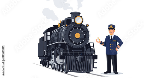 Powerful black steam locomotive emitting white smoke stands on tracks beside a uniformed conductor checking a gold pocket watch on a clean white background.