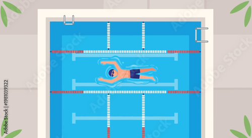 Athlete swimming freestyle in pool overhead view flat illustration