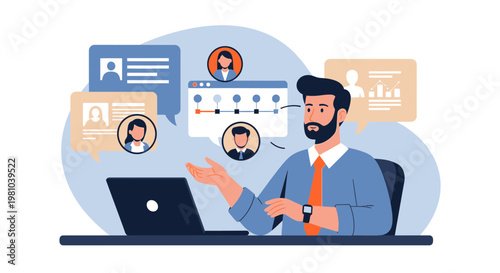 Man with laptop planning project with team members online, recruitment concept