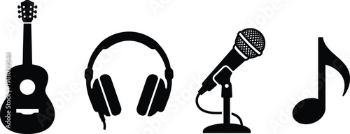 Acoustic guitar, studio headphones, professional microphone on stand, and musical note icons set, music production and podcasting equipment black silhouette.