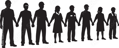 Silhouette of diverse workers and employees holding hands in long line representing unity solidarity and teamwork across different labor industries
