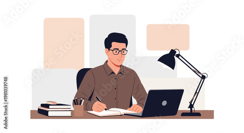 Man working at desk with laptop, books, and lamp, focused on writing.