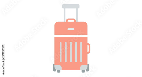 Coral suitcase with wheels and handle on a white background, travel concept