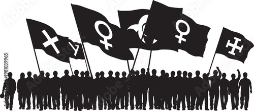 Silhouette vector of protest crowd marching with large flags displaying female and religious symbols during outdoor strike event for social change