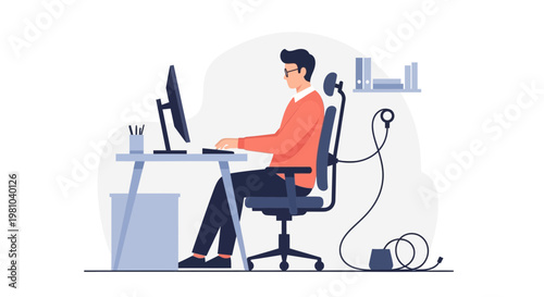 Man Working on Computer at Desk, Ergonomic Chair, Office Setup