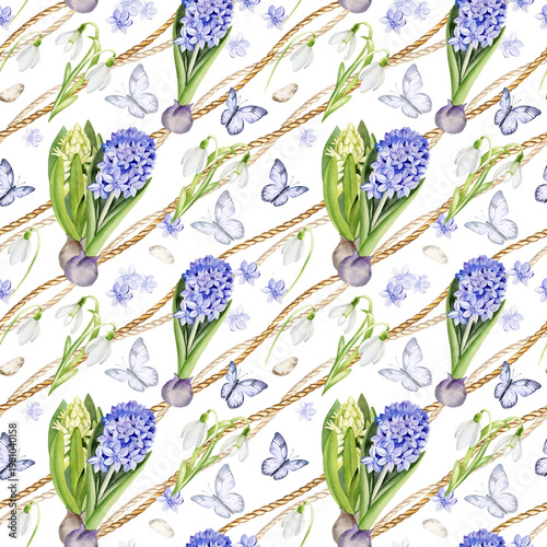 watercolor hyacinth, flying butterfly, blue flower heads, white snowdrops on diagonal background of natural rope, jute, hand drawn seamless pattern, spring flower, Easter illustration for decoration