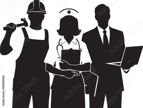 Silhouette group of diverse career professionals including construction builder medical nurse and office executive businessman representing workforce