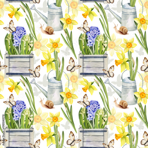 blue, white hyacinth in wooden garden box, yellow daffodils in vintage watering can, flying butterfly, hand drawn watercolor springtime, Easter illustration of primroses flower, seamless pattern