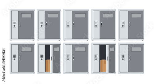 A set of ten grey metal storage lockers features two open compartments containing brown cardboard delivery boxes against a sterile and bright white background.