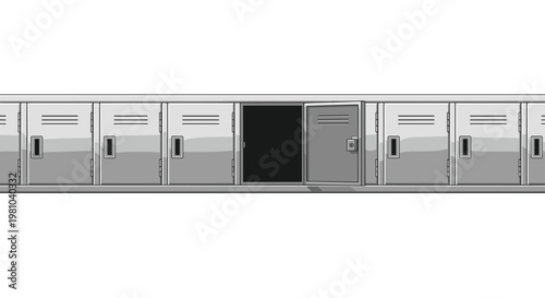 A long continuous row of brushed silver metal school lockers includes one open door revealing a dark empty space within a brightly lit hallway environment.