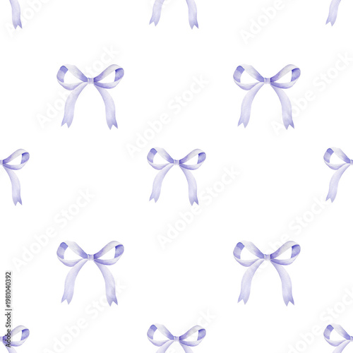 watercolor simple seamless pattern of lilac bow, festive ribbon knotted, hand drawn sketch of pastel color textile bow for gift package paper, illustration for event, valentine's, mothers day, textile