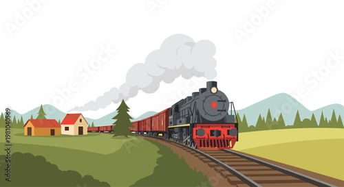 A vintage black steam locomotive pulls a long line of red freight cars across a lush green landscape featuring small houses and majestic blue mountains.