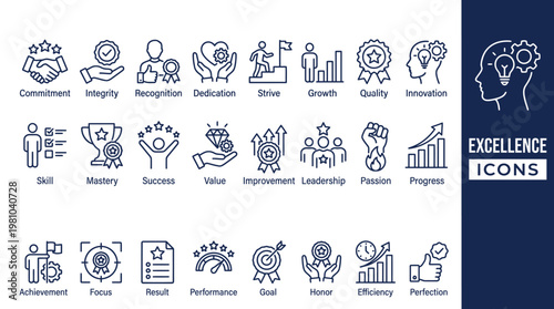 Excellence line icon set. Connecting Perfection, commitment, dedication, achievement, skill, innovation, leadership, growth icons. Perfect outline vector icon collection.
