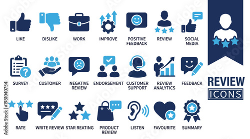 Review solid icon set. Containing satisfaction, feedback, rating, testimonial, comment, opinion, like, customer, and recommend vector icons collection.