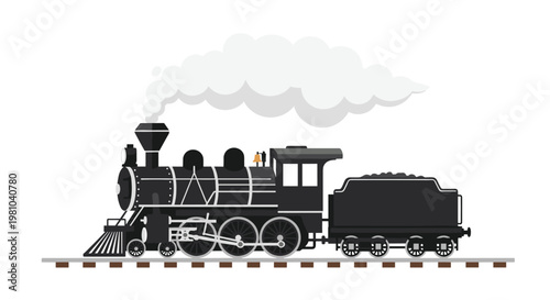 This detailed side profile illustration showcases a classic black steam locomotive with a coal tender resting on a short segment of railway tracks against white.