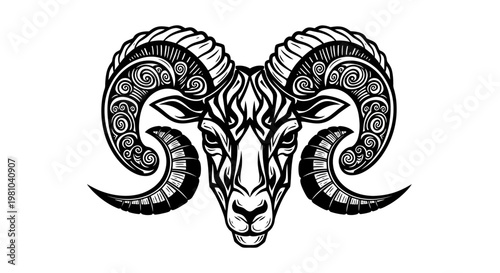 Ram Zodiac Sign Aries Tribal Tattoo Art - Stylized Head with Ornate Horns