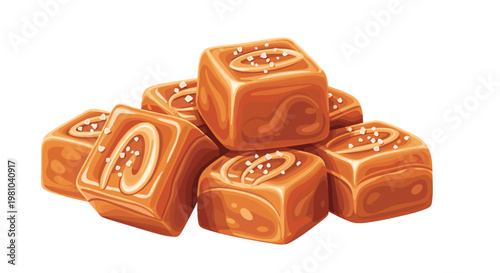 A delicious heap of square golden-brown salted caramel candies features glossy surfaces sprinkled with coarse white sea salt crystals against a white background.