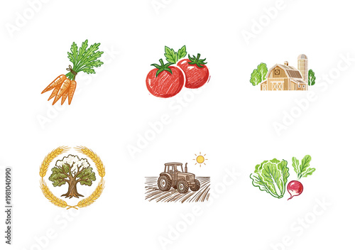 Organic Farm Products and Eco Food Labels with Crayon Crayon Pencil Texture and Vintage Green Graphic Elements