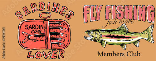 Seafood t shirt design. Fly fishing club artwork. Canned fish artwork. Fish vintage artwork. Trout design for apparel print and poster.