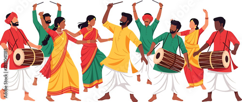 A smiling group of people in traditional red costumes and fashion dresses enjoy a fun Christmas party with a dancing woman, child, and Santa.