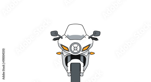 A modern white sport motorcycle stands prominently in a direct frontal view showcasing its aerodynamic fairing and bright orange indicator lights on white.