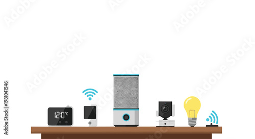 A collection of modern smart home automation devices including a central hub and security camera rests on a polished wooden shelf against a white background.