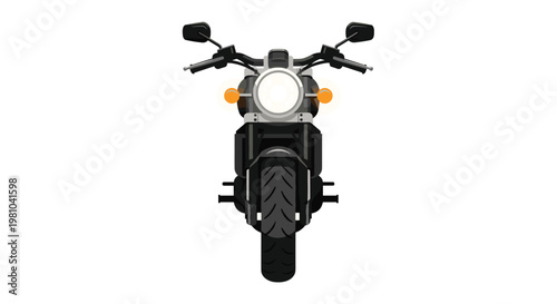 A powerful black cruiser motorcycle is presented in a symmetrical frontal composition featuring a luminous round headlight and vibrant orange signal lamps.