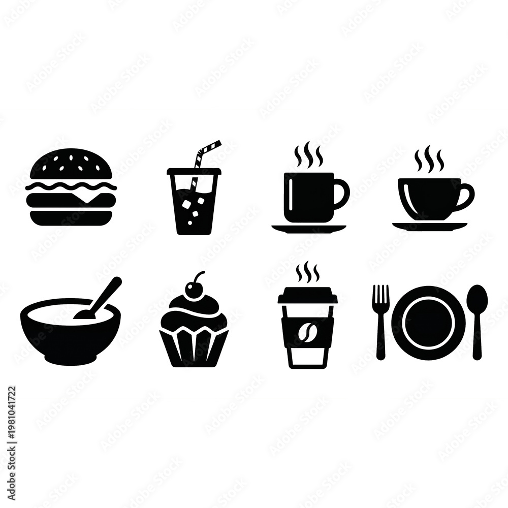 Fototapeta premium Minimalist Food and Beverage Line Icon Set. Clean black vector symbols for restaurant menus, cafes, and web UI. Includes burger, coffee, tea, and cupcake icons on transparent background
