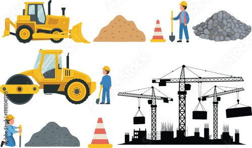 Construction equipment and workers set with bulldozer, roller, cranes and building elements