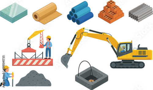 Construction materials and equipment set with workers and excavator illustration