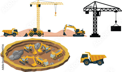 Construction machinery set with crane excavator dump truck mining site heavy equipment industrial vehicles vector illustration isolated background