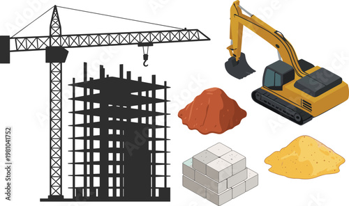 Construction site illustration with tower crane, excavator, building framework, sand piles, bricks, urban development concept, industrial machinery, engineering project scene