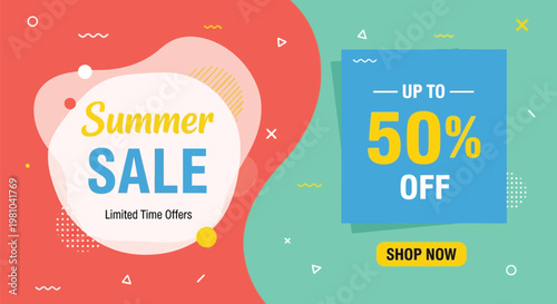 Summer sale advertisement up to 50 off vibrant colors and bold text