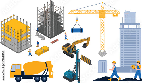 Construction site illustration with tower crane, workers, excavator, drilling machine, concrete truck, building framework, urban development engineering industrial concept