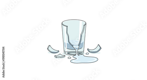 A fragile clear drinking glass displays a significant vertical fracture with several sharp shards scattered around a puddle of spilled liquid on white.