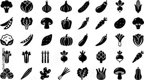 Vegetable Icon Grid. Vegetables. Solid icon set of Vegetables: broccoli, cauliflower, onion, garlic, cucumber, zucchini, beet, corn, pea pod, lettuce head,