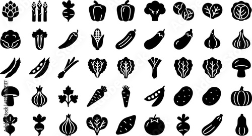 Vegetable Icon Grid. Vegetables. Solid icon set of Vegetables: broccoli, cauliflower, onion, garlic, cucumber, zucchini, beet, corn, pea pod, lettuce head,