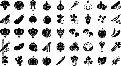 Vegetable Icon Grid. Vegetables. Solid icon set of Vegetables: broccoli, cauliflower, onion, garlic, cucumber, zucchini, beet, corn, pea pod, lettuce head,