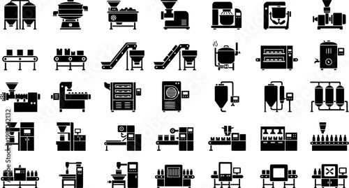 HDPE Equipment Icons. Outline icon set of HDPE processing equipment: extruder, injection mold, conveyor belt, cooling tank,
