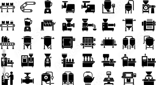 HDPE Equipment Icons. Outline icon set of HDPE processing equipment: extruder, injection mold, conveyor belt, cooling tank,
